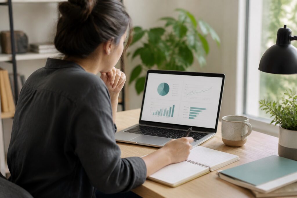 A person reviewing financial information on a laptop and taking notes.